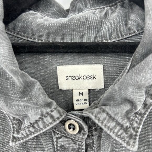 Sneak Peek Women’s Shirt Dress Medium Gray Roll Tab Sleeve Tencel Urban Boho - Picture 4 of 10